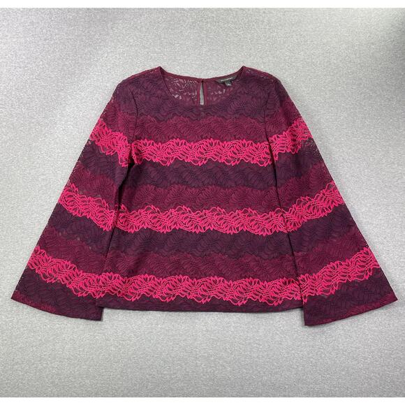 Banana Republic Top Womens L Pink Burgundy Ombre Lace Bell Sleeve Semi Sheer - Picture 12 of 12